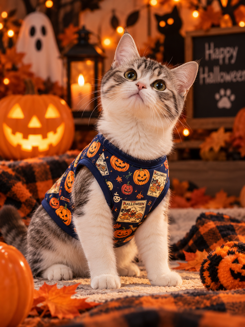 Chaleco de Halloween para Perros – Calabazas y Gatos Negros