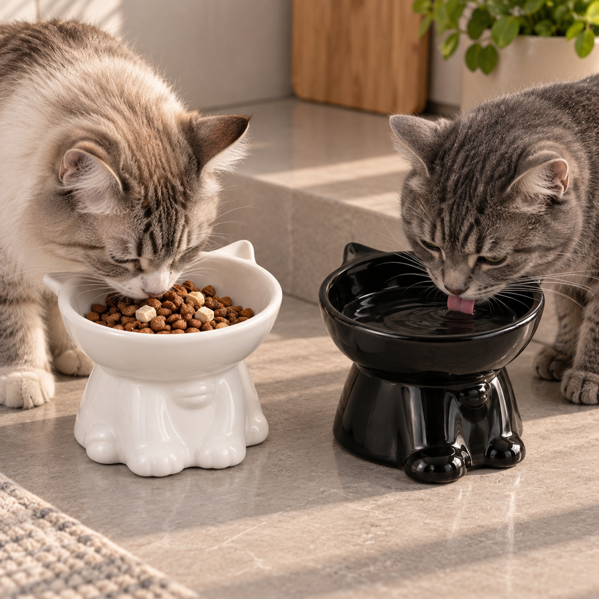 Comedero y bebedero elevado para gatos – Cerámica antivuelco