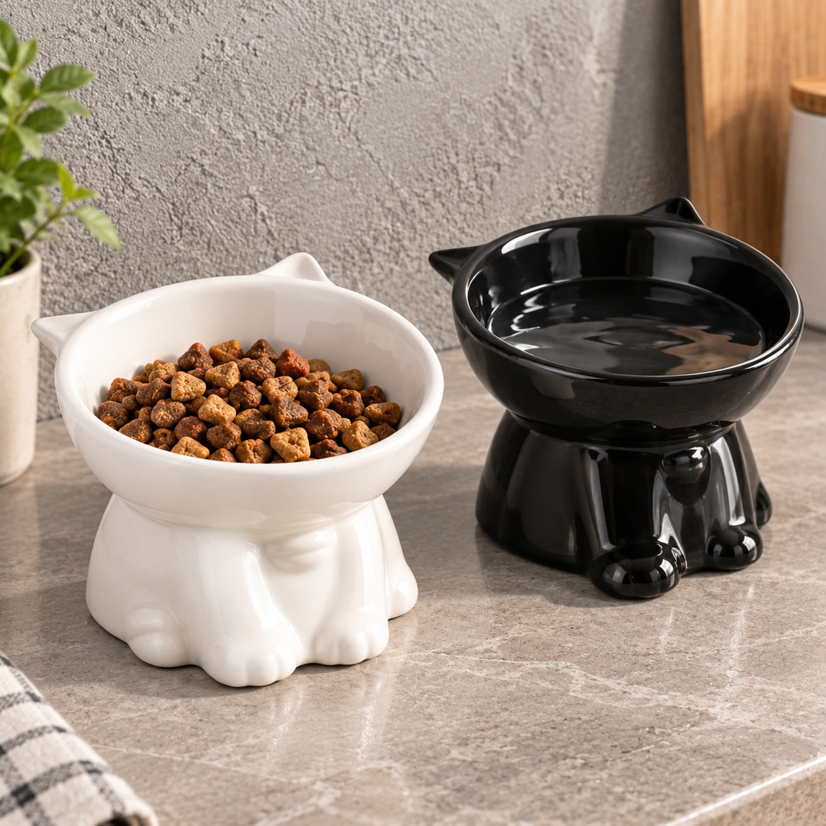 Comedero y bebedero elevado para gatos – Cerámica antivuelco